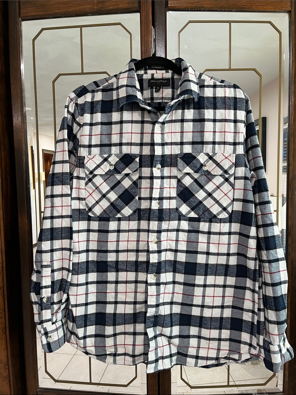 Banana Republic Navy, White & Red Plaid Flannel Button-Down Shirt
